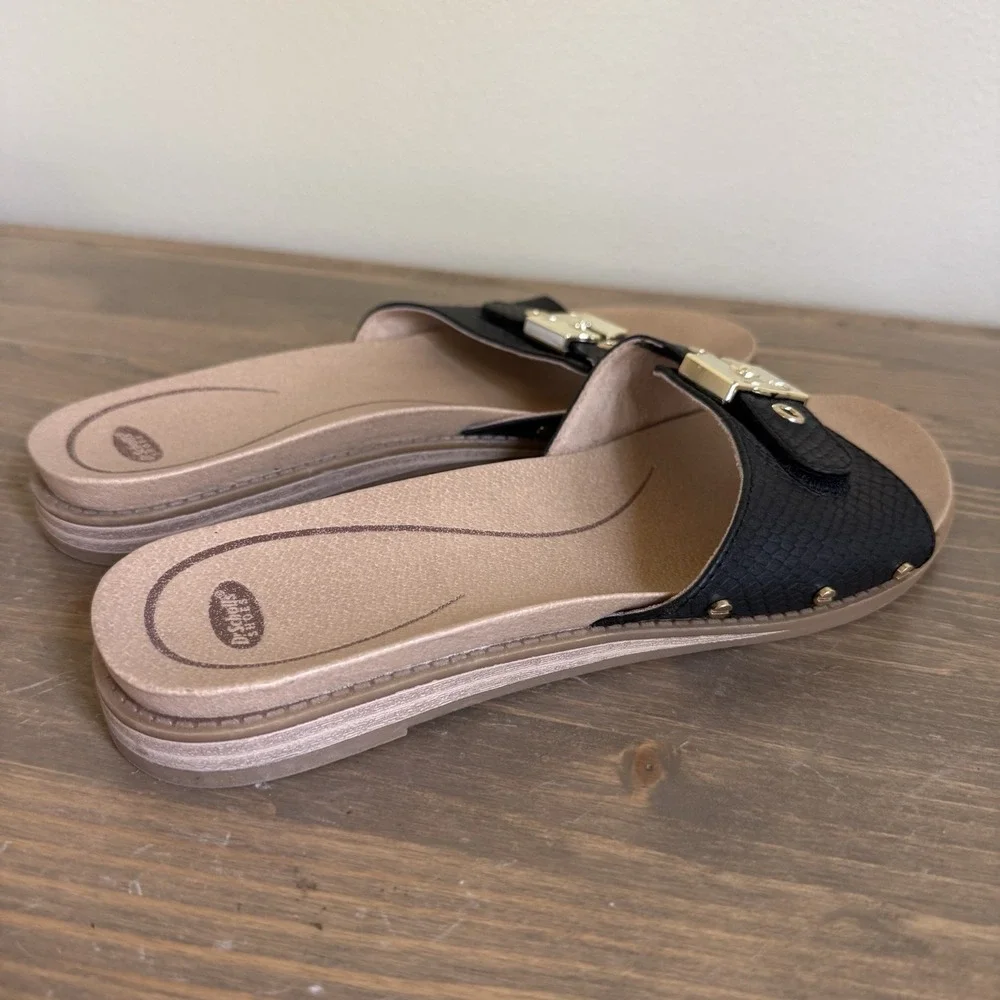 Dr. Scholls Womens 9M Black Gold Buckle Originalist Slip On Slide Sandals Flat